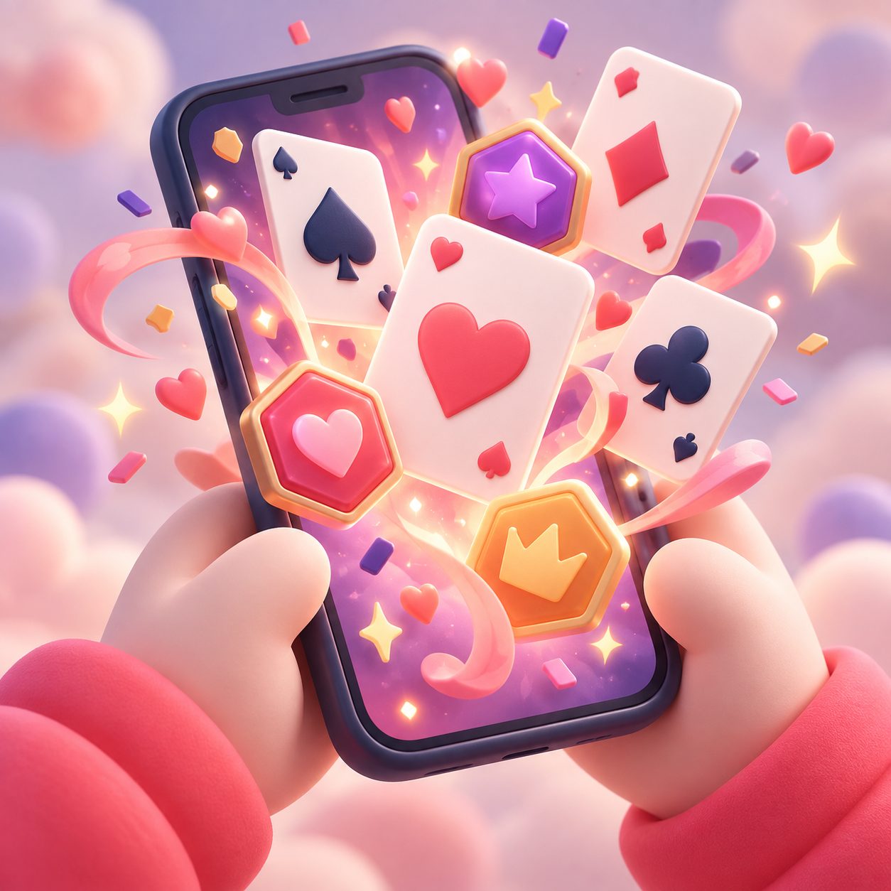 휴대폰에서 카드와 육각 타일이 튀어나오는 일러스트