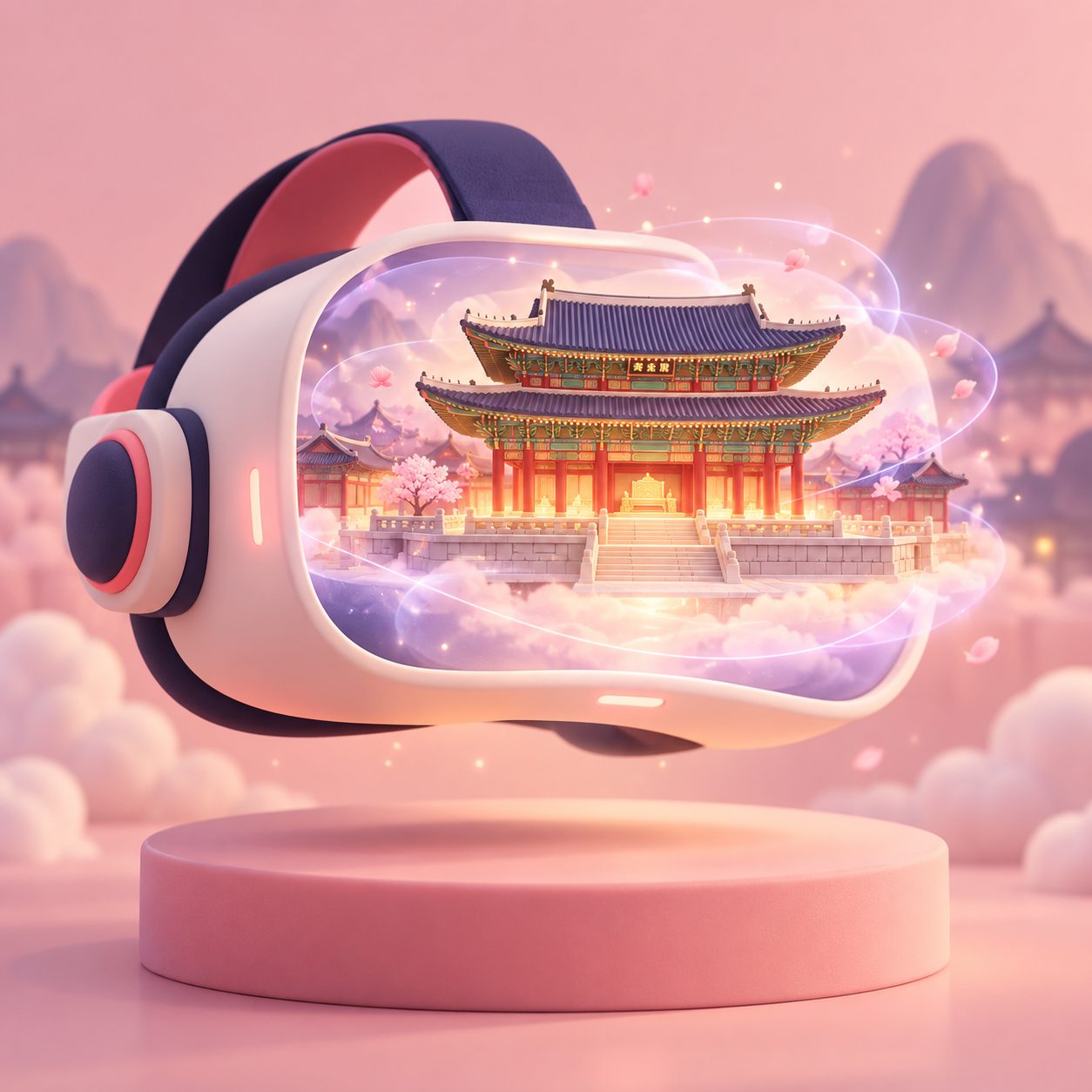 VR 헤드셋에서 조선 궁궐이 떠오르는 일러스트